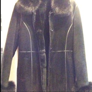Black Shearling Suede Leather Fox Fur Coat Jacket